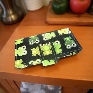 Fabric Checkbook Cover, Check book Holder , Money Holder  Checkbook Case -  Black with Lime Green Frogs
