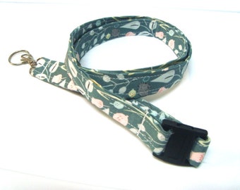 Lanyard  ID Holder  Key Chain with Swivel Clasp  Key Ring  Teachers Gift Badge Holders Botanical Olive Green Floral