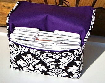 Coupon Organizer /Budget Organizer Holder  / Attaches To You Shopping Cart - Black and White Dandy Damask / Purple Lining