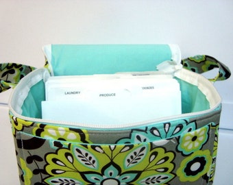 6" Size Coupon Organizer Fabric Coupon Organizer Tote  - With ZIPPER CLOSER Lime Floral with Aqua Lining