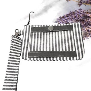 Estuche con cremallera para identificación, monedero, estuche para maquillaje. Cartera minimalista delgada para identificación de estudiante con rayas grises y blancas
