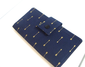 Navy Blue Fabric Checkbook Cover: Gold Arrow Print, Coupon Holder