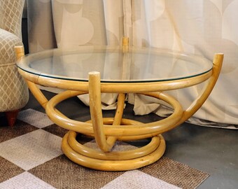 SHIPPING NOT INCLUDED, Local Pickup Only // Rattan Coffee Table with Glass Top (Read Description for Shipping Info)
