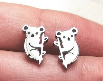 BIG SALE - Cute silver koala ear studs, stainless steel tiny studs, surgical steel earrings, animal studs, minimal jewelry, gift for her