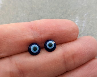 SALE - Hypoallergenic Blue Evil Eye Studs, stainless steel tiny studs, everyday earrings, 6mm round ear studs, minimal jewelry, good luck