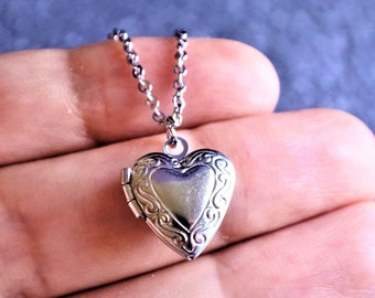 SALE Tiny silver heart locket necklace, small silver heart photo locket, stainless steel locket necklace, victorian, vintage style, minimal