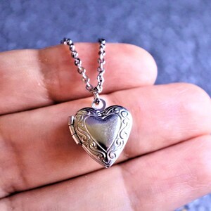 SALE  Tiny Stainless Steel Heart Locket Necklace, Photo Keepsake Pendant, small silver heart charm, vintage, minimal, everyday romantic gift
