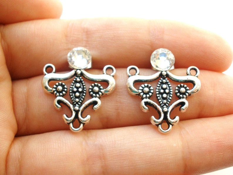 Victorian Earrings 3 in 1 Silver Ear Jackets Bridal Romantic Earrings Round Crystal Studs SALE Surgical Steel Geometric Earrings