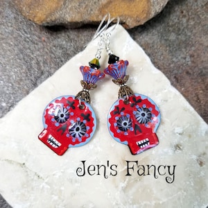 Sugar Skull Earrings Enameled Sterling Silver, Day of the Dead Jewelry, Dia de los Muertos Jewelry, Holiday Jewelry Gifts by Jen