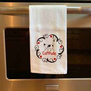 Cattitude kitchen towel. Pet Theme Tea Towels, Dish Towels, Hand Towels.