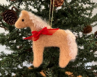 Felted Tan Horse with White Mane. Christmas Ornament. Needle Felted