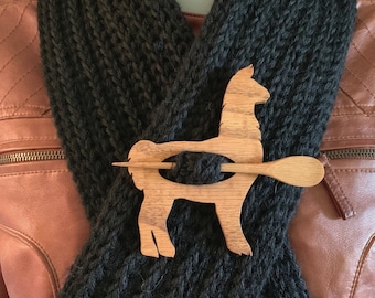 Wooden Llama Shawl Pin, Oak, Scarf Pin