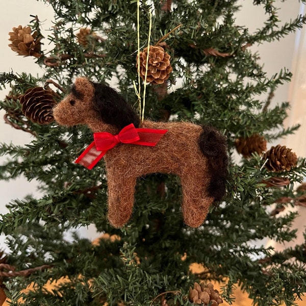 Felted Brown Horse with Black Mane. Christmas Ornament. Needle Felted