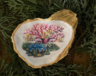 Hand Painted Oyster Shell, One of a Kind Decoupage Tray-Trinket Dish, Colorful Corals (A106)
