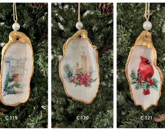 Gilded Oyster Shell Ornaments- Hand painted, Decoupage, with Christmas Designs (C113-C118)
