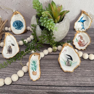 Gilded Oyster Shell Ornament Sea Life Design- Hand painted, Decoupage, Edged in Gold Leaf Paint E107-E112