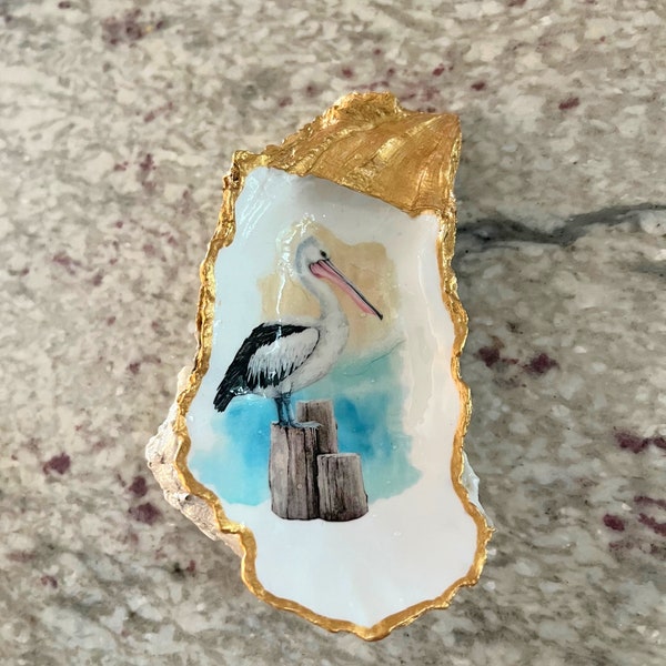 Hand Painted Oyster Shell, One of a Kind Decoupage Tray-Trinket Dish, Pelican on Piling (C112)