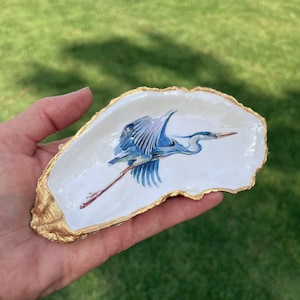 Hand Painted Oyster Shell, One of a Kind Decoupage Tray-Trinket Dish, Watercolor Heron in Flight (C105)