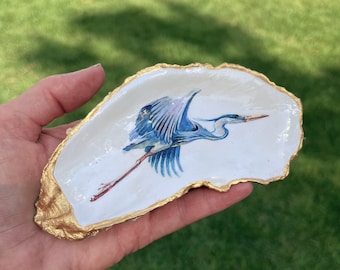 Hand Painted Oyster Shell, One of a Kind Decoupage Tray-Trinket Dish, Watercolor Heron in Flight (C105)