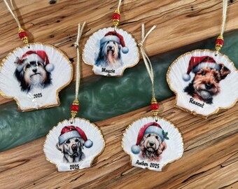 Custom Dog Breed Scallop Shell Ornament, Dogs with Santa Hats, Watercolor AI Art, Personalized Christmas Decoration (Large 4x4)