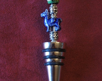 Wine Stopper with Navy Blue Ceramic Llama Bead