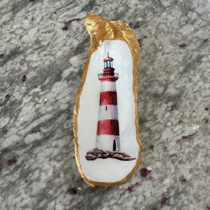 Hand Painted Oyster Shell, One of a Kind Decoupage Tray-Trinket Dish, Lighthouse (D139)