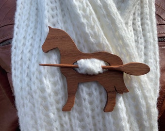 Wooden Horse Shawl Pin, Oak, Scarf Pin
