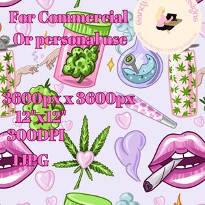 Puede incluir: Dise&ntilde;o de patr&oacute;n sin costuras con ilustraciones tem&aacute;ticas de cannabis. Presenta labios rosas, hojas de cannabis, corazones y un frasco rosa y verde. Incluye texto: "I Love Mari Seamless Pattern" y "For Commercial Or personal use".