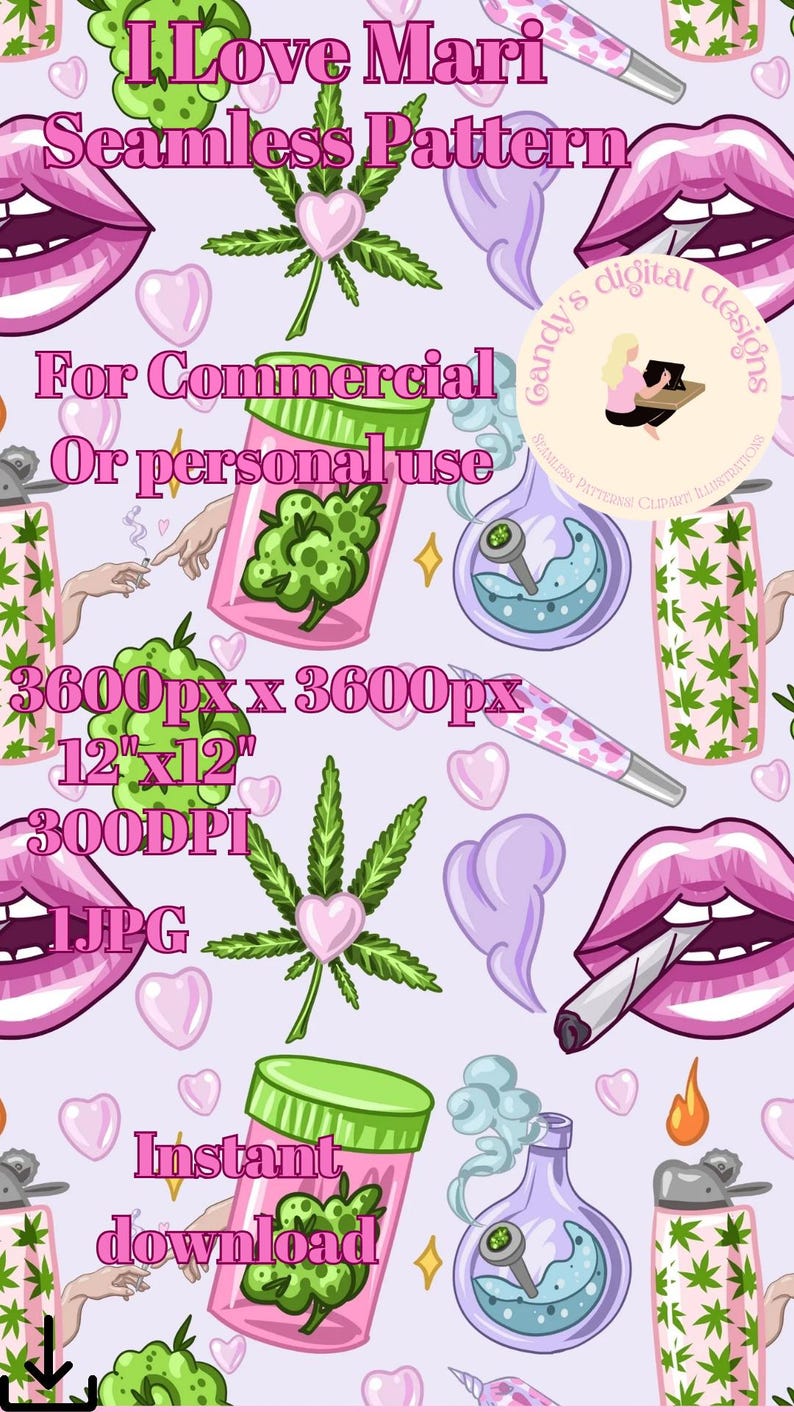 Puede incluir: Dise&ntilde;o de patr&oacute;n sin costuras con ilustraciones tem&aacute;ticas de cannabis. Presenta labios rosas, hojas de cannabis, corazones y un frasco rosa y verde. Incluye texto: "I Love Mari Seamless Pattern" y "For Commercial Or personal use".