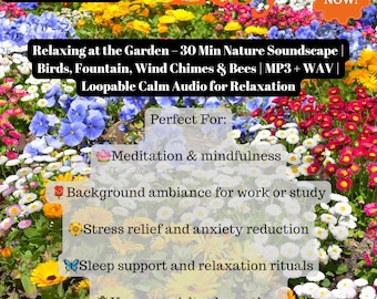 Relaxing at the Garden – 30 Min Nature Soundscape | Birds, Fountain, Wind Chimes & Bees | MP3 + WAV | Loopable Calm Audio for Relaxation