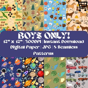 Boys’ Digital Seamless Pattern Bundle | 8 Fun JPG Backgrounds | Farm, Trucks & Animals | 12" x 12" | 300 DPI | Instant Download