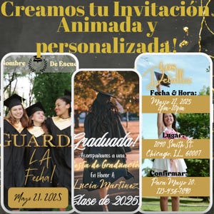 May include: A digital invitation for a graduation party. The invitation is in the form of a smartphone screen with a gold background and black text. The text includes the name "Lucia Martinez", the date "May 21, 2025", and the time "1pm-10pm".