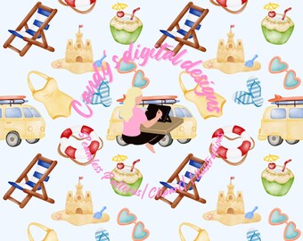 Summer Beach Seamless Pattern JPG & PNG | Cute Vacation Clipart | Van, Lifebuoy, Sandcastle, Coconut, Swimsuit | Digital Download
