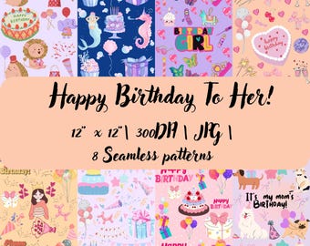 ¡Feliz cumpleaños! / 8 patrones sin costuras para decoración e invitaciones personalizadas - Descarga instantánea / JPG / papel digital