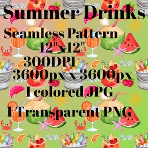 Pode incluir: Um design de padrão sem costura com bebidas de verão, incluindo coquetéis, cocos e fatias de melancia. O design também inclui caranguejos, estrelas do mar e ilustrações de sol. O texto da imagem diz "Summer Drinks", "Seamless Pattern" e detalhes do tamanho.