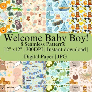Welcome Baby Boy! Seamless Pattern | 8 JPG Digital Papers for Scrapbook, Wrapping Paper, Wallpaper | Instant Download