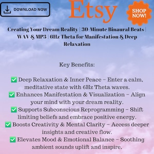 Puede incluir: Una lista de verificaci&oacute;n de los beneficios de una descarga de audio de ritmos binaurales de 30 minutos para la relajaci&oacute;n profunda y la manifestaci&oacute;n. El audio est&aacute; disponible en formatos WAV y MP3 y utiliza ondas theta de 6 Hz. El texto incluye "Crear tu realidad de ensue&ntilde;o", "Beneficios clave", "Relajaci&oacute;n profunda y paz interior", "Mejora la manifestaci&oacute;n y la visualizaci&oacute;n", "Apoya la reprogramaci&oacute;n subconsciente", "Impulsa la creatividad y la claridad mental", y "Eleva el estado de &aacute;nimo y el equilibrio emocional".