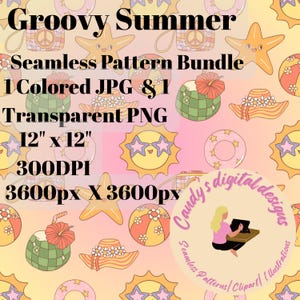 May include: A seamless pattern bundle with a groovy summer theme. The design includes illustrations of a smiling sun wearing sunglasses, starfish, beach balls, hats, and a disco ball. The text reads "Groovy Summer" and "Seamless Pattern Bundle". The image dimensions are 12" x 12".