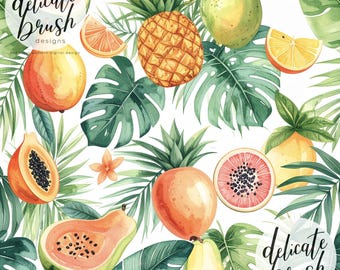 Aquarellgemaltes tropisches Sommer Exotische Früchte Vintage Retro Blätter Muster / Stoffdesign / Oberflächenmuster / Digitales Muster