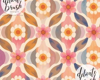 Aquarell gemaltes 70er Jahre Retro Hippie psychedelisches abstraktes geometrisches Blumen-nahtloses Muster / digitales Muster