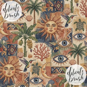 May include: A repeating pattern featuring suns with faces, crescent moons, palm trees, hummingbirds, and stylized eyes. The design incorporates coral, seashells, and geometric shapes in a patchwork style, with the text "delicate brush designs".