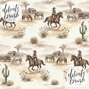 May include: Watercolor digital design featuring a Western theme. The design includes cowboys on horseback, horses grazing, small wooden houses, windmills, and desert plants. The color palette is primarily beige, brown, and tan.