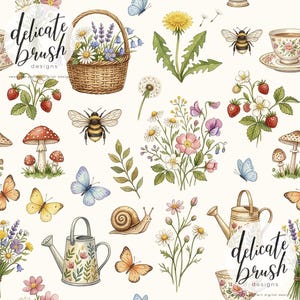 Peut inclure: Illustration à l'aquarelle avec un motif répété d'éléments de jardin. Le motif comprend un panier en osier rempli de fleurs, des papillons, des abeilles, des champignons, des fraises, un escargot et un arrosoir. La palette de couleurs est douce avec des teintes pastel.