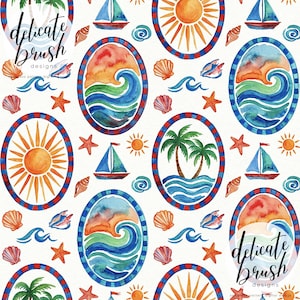 May include: Watercolor pattern featuring nautical elements. The design includes sailboats, suns, palm trees, seashells, and ocean waves, all within oval frames. The color palette is dominated by blues, oranges, and reds, creating a vibrant, summery feel. The text "delicate brush designs" is also present.
