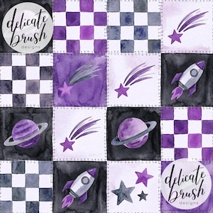May include: A watercolour patchwork design with space-themed illustrations. The design includes purple planets with rings, shooting stars, rockets, and checkerboard squares in shades of purple, grey, and black. The text "delicate brush designs" is in a circular logo.
