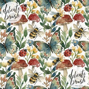 May include: A watercolour pattern with butterflies, bees, ladybirds, mushrooms, and foliage in blue, green, red, and yellow. The design includes the text "delicate brush designs" in a circular shape.