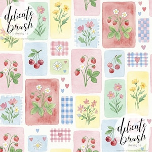 Peut inclure: Un motif aquarelle répété avec des blocs rectangulaires présentant des illustrations florales et fruitières. Les blocs sont dans des tons pastel de rose, jaune et bleu. Des cerises, des fraises et des fleurs sont représentées. Le texte "delicate brush designs" est visible.