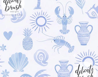 Spanische Mittelmeer-Sommermuscheln Tropischer Strand Boho-Sonnenblau-nahtloses Muster / Oberflächenmuster / digitales Muster