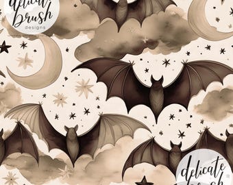 Halloween Aquarell gemalt Fledermäuse Mond Stern Himmlischen Himmel Boho neutrales nahtloses Muster / Stoffdesign / Oberflächenmuster / digitales Muster