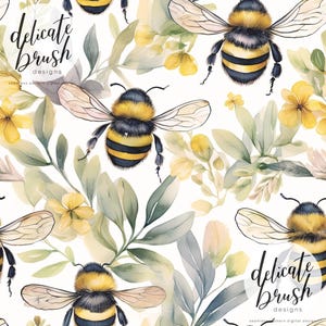 May include: Watercolor pattern featuring bumblebees, yellow flowers, and green foliage on a white background. The design includes the text "delicate brush designs" in a script font. The seamless pattern is suitable for various applications.